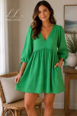 Every Green Linen Blend Puff Sleeve Babydoll Dress Large